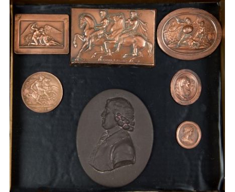 Medallions - Classical - antique copper faced plaquette medallions (x 6) and a ceramic Basalt Relief (7 in total) 