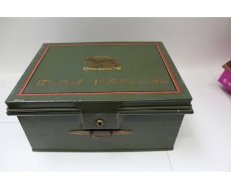 First World War period Royal Leicestershire Regiment 17th of Foot 1st Battalion H.Q. green painted tin writing box with fitte