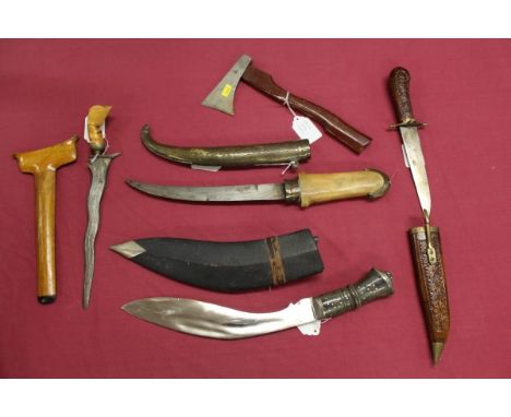 19th century Arab Jambia dagger with bone grip and brass scabbard, kukri, kris, Indian dagger and a small axe