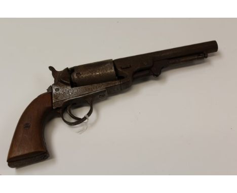 Late 19th century Belgian .35 percussion five-shot single action revolver with engraved scroll decoration and octagonal 5 inc