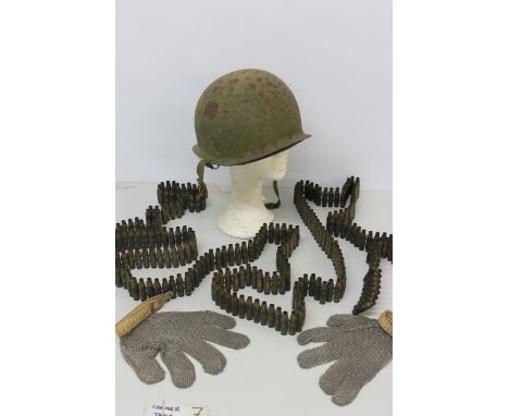 American steel helmet, machine gun belt and pair chain-mail gloves