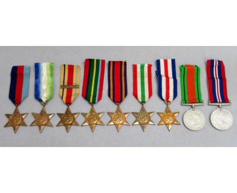 9 WORLD WAR II MEDALS COMPRISING 7 STARS "1939-45", "ATLANTIC", "AFRICIA" WITH CLASP, "1st ARMY", "PACIFIC", "BURMA", "ITALY"