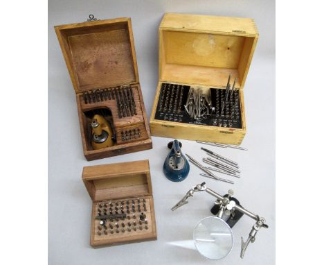 A SEITZ COMBINAISON BERGEON WOODEN CASE CONTAINING A PART SET OF JEWELLERS TOOLS AND TWO FURTHER BOXED SETS OF JEWELLERS/WATC