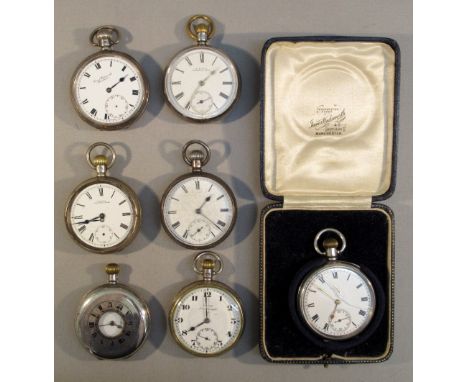 A SILVER HALF HUNTING WATCH AND SIX SILVER POCKET WATCHES, ONE CASED [7]