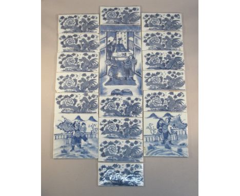 C19th CHINESE BLUE AND WHITE GLAZED TILES MOST PROBABLY FROM A PANELLED SCREEN, VARIOUS SIZES (SMALL TILE: 13.3 cm x 6.5 cm A