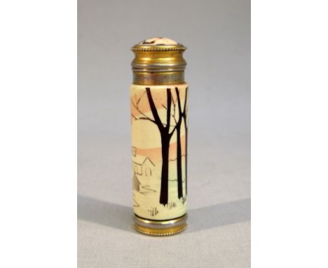A FRENCH 'LE KID' POCKET PERFUME/SCENT ATOMISER WITH GILT FINISH, THE CERAMIC TOP AND COVER DECORATED IN THE JAPANESE STYLE (
