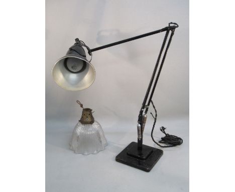 A BLACK ANGLEPOISE DESK LAMP AND HOLOPHANE SHADE PAT No. 28498/15