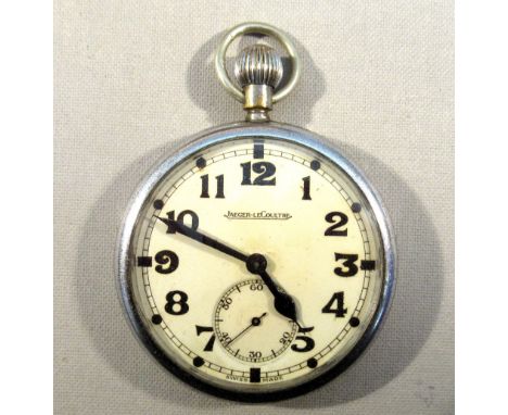 A JAEGER-LECOULTRE POCKET WATCH WITH AN OFF-WHITE CIRCULAR DIAL, SECONDS DIAL AND ARABIC NUMERALS ENCLOSING A TOP WIND MOVEME