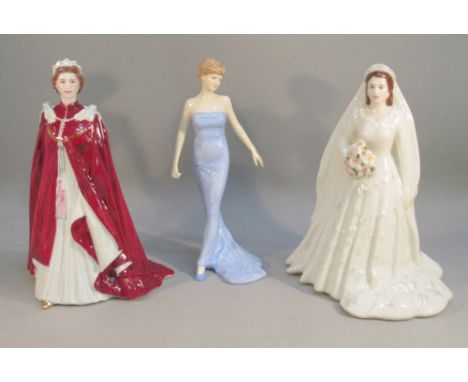 ROYAL WORCESTER FIGURE OF H.M. ELIZABETH II (H: 23 cm), ROYAL DOULTON DIANA (H: 23 cm) AND ROYAL WORCESTER QUEEN'S 80th BIRTH