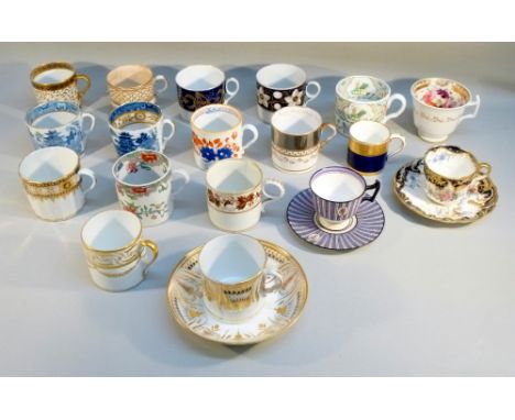 A WORCESTER BARR BONE CHINA GILT FLORAL COFFEE CAN, A GILT FLORAL COFFEE CAN AND SAUCER, 12 OTHER COFFEE CANS, ANOTHER CAN, T