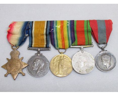 GROUP OF 5 MEDALS COMPRISING WORLD WAR I 1914-15 STAR, WAR AND VICTORY MEDALS AND WORLD WAR II DEFENCE AND IMPERIAL SERVICE M