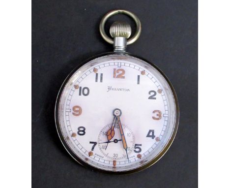 A WORLD WAR II 1940'S MILITARY GS/TP HELVETIA SWISS POCKET WATCH STAMPED ON THE BACK "GS/TP P71734" WITH THE BROAD ARROW BELO