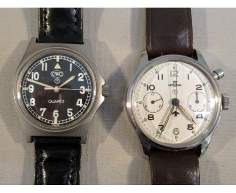 A LEMANIA MILITARY WRISTWATCH WITH A WHITE CIRCULAR DIAL, TWO SUBSIDIARY DIALS AND SWEEP SECONDS HAND ENCLOSING A STOP START 