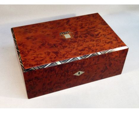 VICTORIAN BURR WALNUT VENEERED RECTANGULAR JEWELLERY BOX INLAID WITH MOTHER-OF-PEARL DECORATION, DIVIDED INTO TWO SECTIONS WI