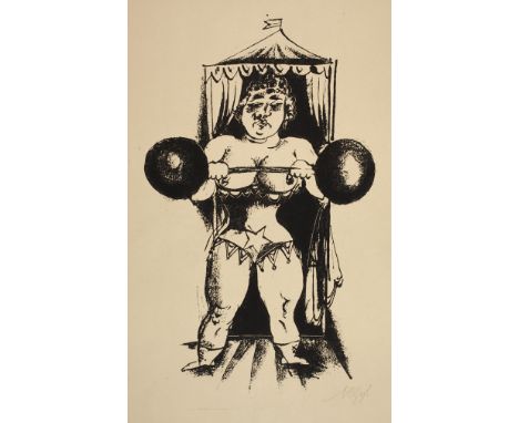 Richard Ziegler, Gewichtheberinnur mit Korsett bekleidete Frau bei Stemmen eines Gewichts auf einer Bühne, Lithographie, auf 