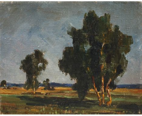 R. v. Otto, Weite SommerlandschaftBlick vorbei an Bäumen in weite Feld- und Wiesenlandschaft im warmen Sonnenlicht, pastose M