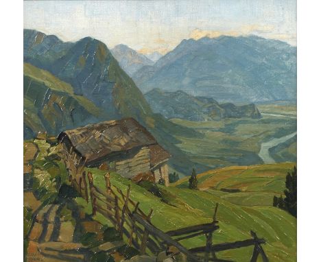 Erwin Steiner, »Über dem Rheintal«sommerliche Landschaft mit altehrwürdigem Bauernhof am steilen Hang hoch über dem Rhein, pa