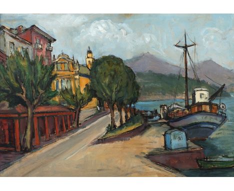 Rudolf Lunghard, Südliche Promenadenszeneunterhalb einer mediterranen, von Bäumen gesäumten Uferpromenade mit farbenfroher hi