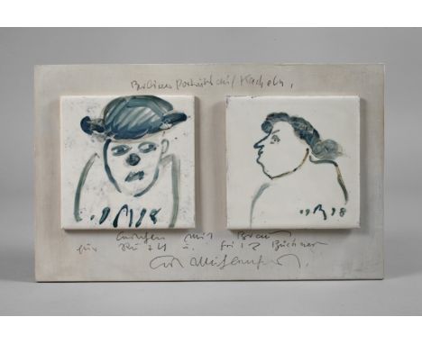 Kurt Mühlenhaupt, "Maler mit Braut"Bildnis des Künstlers und das seiner Frau Hannelore, Malerei auf Steingutkacheln, je monog