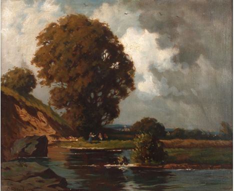 Albert Fickert, Landschaft in NiederbayernBlick über einen Weiher auf einen mächtigen Laubbaum, mit Bäuerinnen im Vordergrund