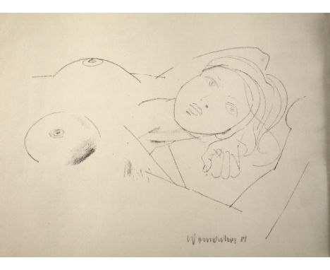 Walther Womacka, Liegendenackte junge Frau mit hinter den Kopf verschränkten Armen, den Betrachter anblickend, Lithographie a
