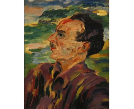 Peterpaul Pilarski, "Dr. Otto Geisenheimer"expressionistisches Herrenportrait vor angedeuteter Naturkulisse, für die Zeit seh