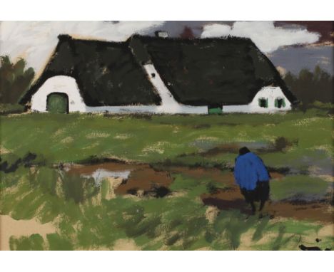 Heinz Wittler, Norddeutsches Bauernhausalte Bauersfrau vor reetgedecktem Bauernhaus in sommerlicher Landschaft, Gouache auf K