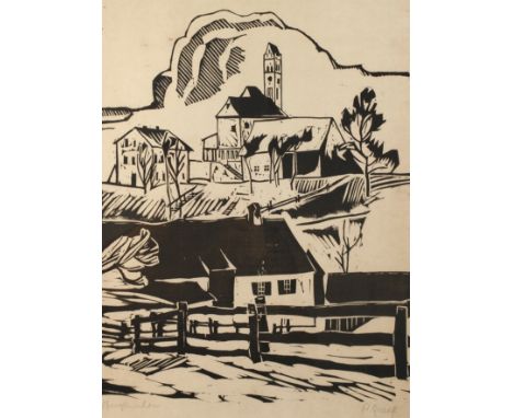 Richard Graef, »Bergkirchen«sommerliche Dorfansicht von Bergkirchen im oberbayerischen Landkreis Dachau, mit der imposant auf