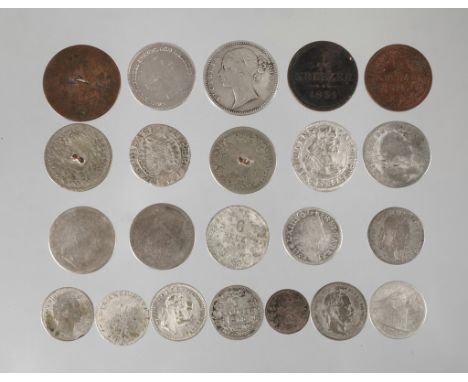 Konvolut historische Münzenca. 22 Stück, darunter 1/2 Rupie "East India Company" 1840, ss+; 3 Kreuzer Liechtenstein 1670, ss;