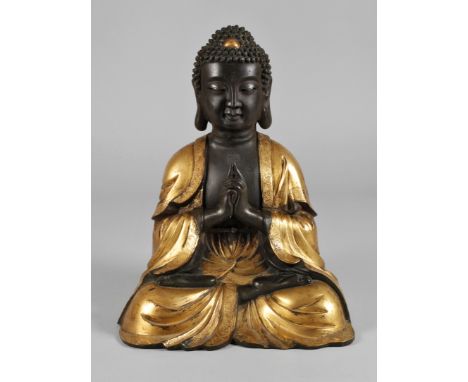 Buddhawohl 18. Jh., ungemarkt, Bronze gegossen und dunkel patiniert bzw. vergoldet, teils aufwendig ziseliert, in Padmasana r