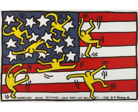 Keith Haring, "New York City Ballet"Plakat mit vom Künstler verfremdeter Flagge der USA und hierauf seinen typischen Figuren,