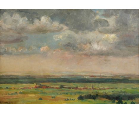 Gustav Schraegle, Blick auf Oberursel und Frankfurt der sommerliche Blick vom Taunus herab, mit den Silhouetten von Oberursel