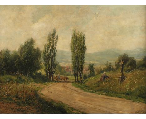 An einem Sommertagin ein sanftes Tal führende und von Pappeln gesäumte Landstraße mit Ochsengespann und auf einer Wiese mit M