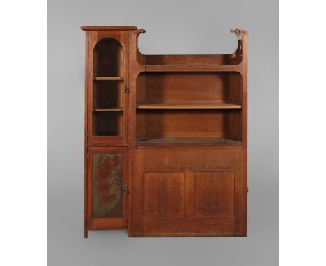 Bücherregal mit VitrinenschrankAusführung Schöttle´s Möbelfabrik Stuttgart, um 1900, Eiche massiv, mittelbraun gebeizt, beste