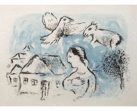 Marc Chagall, "Le Village"junge Frau unter schwebendem Vogel und Esel, vor der Kulisse eines Dorfes, erschien in Derriere le 