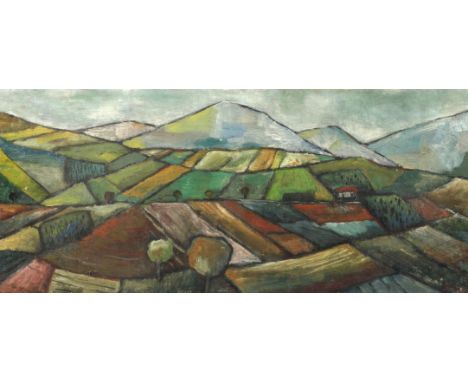 Alfred Traugott Morstedt, BerglandschaftBlick von einer leichten Anhöhe über Wiesen und Felder auf eine Bergkette, sehr frühe