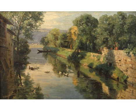Hermann Hartwich, Am sommerlichen Kanalunter locker bewölktem Himmel ein nur sanft fließender, von antiken Häusern und Gemäue