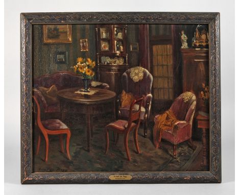 Ernest de Nagy, Biedermeierliches InterieurBlick in einen biedermeierlichen Salon mit Stühlen, Sesseln, Sofa und Buffet, geri