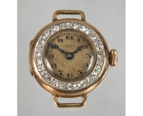 Alpina, Damenuhr mit Diamanten um 1930, Gelbgold geprüft 585/1000, rundes Gehäuse von D ca. 21 mm, Ziffernblatt mit Schriftzu