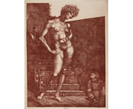 Werner Tübke, "Flora"die nackte Göttin der Blüten, an einer Treppe mit Sanduhren stehend und auf den Tod niederblickend, Werk