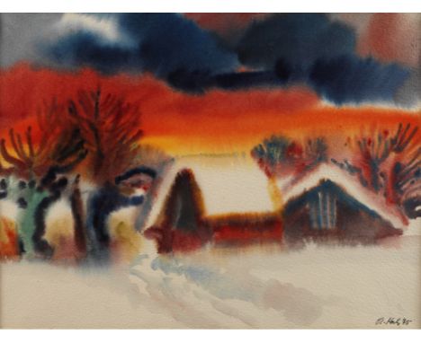 Rudolf Koch, Winterabendverschneite Landschaft mit Häusern vor glutrotem Abendhimmel, Aquarell. rechts unten signiert und dat