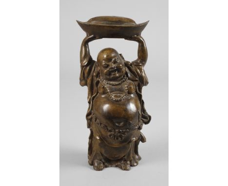 Glücksbuddha20. Jh., ungemarkt, Bronze gegossen und bräunlich patiniert, vollplastische Darstellung des fröhlich dreinblicken