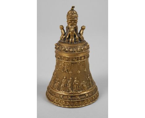 Tischglocke 19. Jh., Bronze gegossen, aufwendig reliefiertes Modell mit Darstellung der 12 Apostel, gerahmt von Zierwerk und 