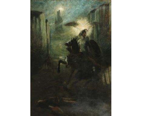 Mystische Szene mit Ritter in einer Schluchtdie Szene kündet vom dramatischen Kampfgeschehen - in einer unheimlichen nächtlic