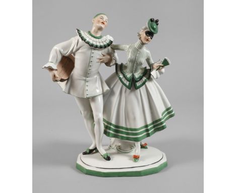 Fraureuth Lampenfuß "Maskenballszene" Entwurf Max Daniel Hermann Fritz 1919, signiert, grüne Stempelmarke mit Zusatz Kunstabt
