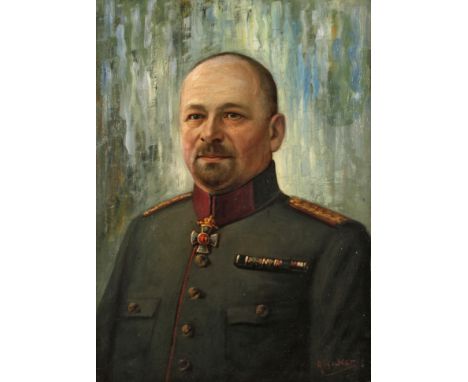 Adolf Hacker, SoldatenportraitBrustbildnis eines Mannes in mittleren Jahren in ordensgeschmückter Uniform mit Feldspange, ger