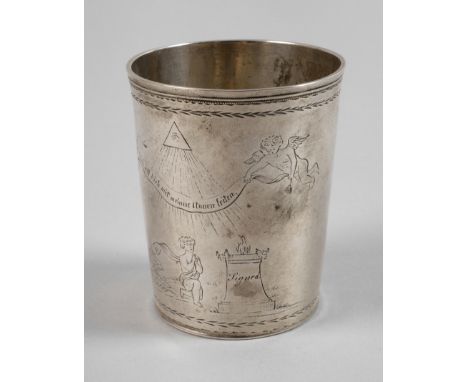 Augsburg Silberbecher mit Freimaurermotiv1789-1791 Silber gestempelt mit Augsburger Zirbelnuss, Meisterzeichen IG für Johann 