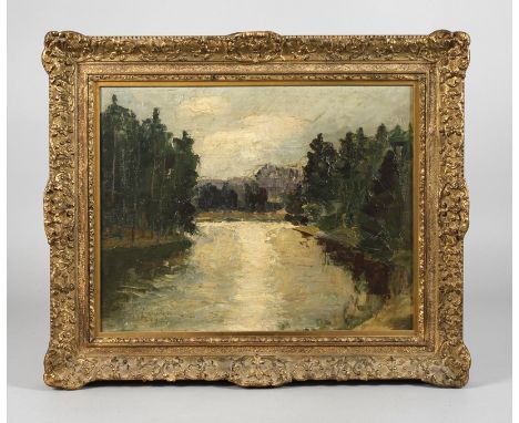 Hermann Pfaffmann, Flusslandschaftherbstlicher Blick entlang eines von Bäumen gesäumten Flusslaufes, pastose, melancholische 