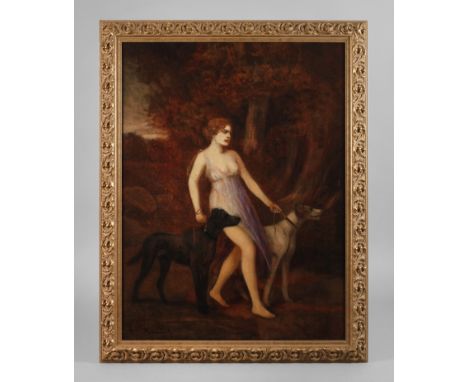 Anton Kaulbach, Nymphe mit Hundenleicht bekleidete junge Frau mit zwei Hunden in herbstlicher Waldlandschaft, gering pastose 