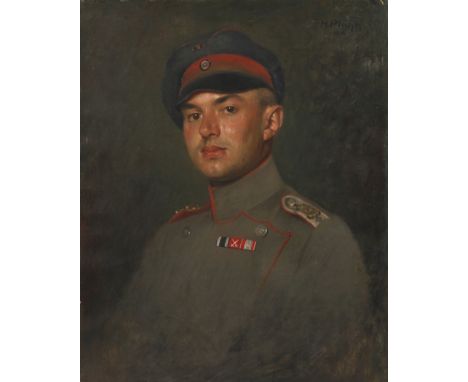 Heinrich Plühr, SoldatenbildnisBrustbild eines jungen Leutnants der Ulanen in feldgrauer Uniform des 1. Weltkriegs mit Feldsp